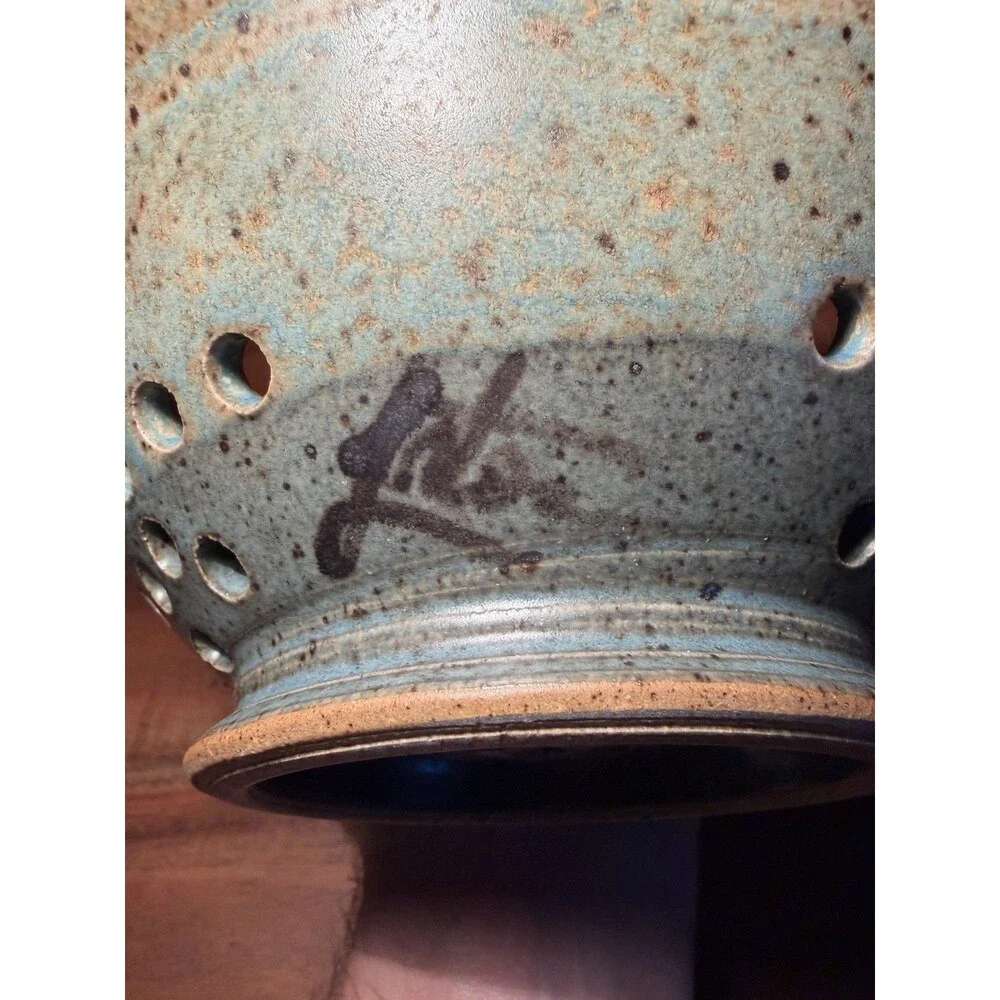 Paul Latos signed Speckled Ceramic Colander Berry Bowl, Tan/Blue, 8 in Diameter